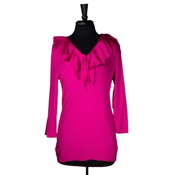 Ralph Lauren Women's Blouse Pink Satin Ruffle Stretch V-Neck 3/4 Sleeve Top L - Picture 1 of 9